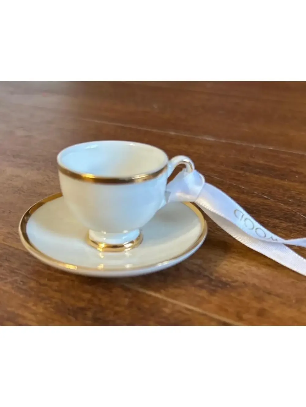 Wedgewood Miniature Porcelain Teapot and Teacup Ornament Set with Gold Trim